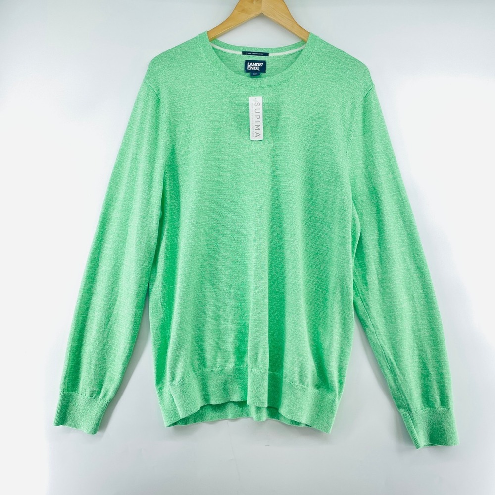 Lands End Sweater‎ Men LT Supima Cotton Green Pullover Crewneck Preppy Coastal